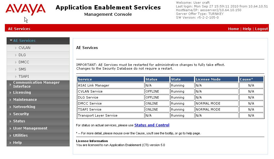 Navigate to AE Services on the Avaya Aura Application Enablement Services server to