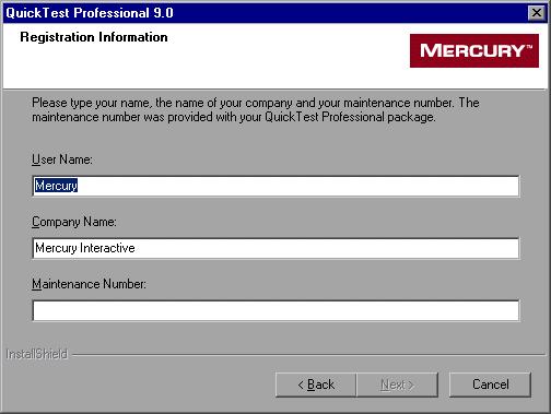 Chapter 2 Setting Up QuickTest Professional 6 In the Registration Information screen, type your name, the name of your company, and the QuickTest Professional maintenance number you received in your