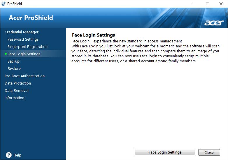 Acer ProShield - 41 Face Login Settings You can use