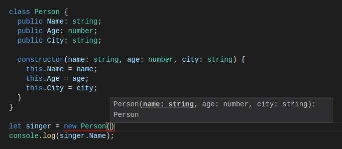 2.3. INSTALLING AND USING TYPESCRIPT 17 Figure 2.1: Intellisense in VS Code As you can see from Figure 2.1, the code editor, in this case VS Code, shows the definition of the class as you type.