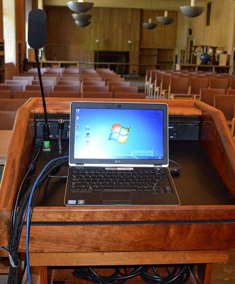2. Connect the device (resident laptop, personal device, or other) a. Using the resident laptop: i. The laptop is located at the lectern, open and turn on the laptop. ii.