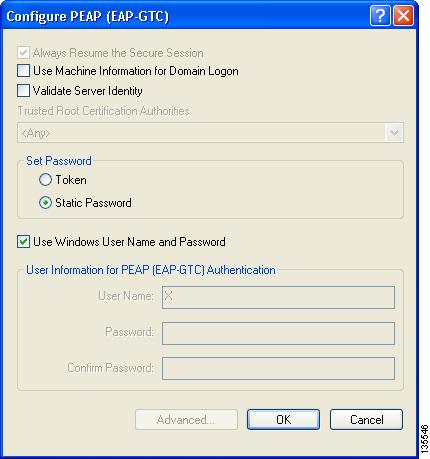 Chapter 5 Setting Security Parameters Step 2 Click Configure. The Configure PEAP (EAP-GTC) window appears (see Figure 5-16).