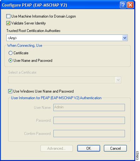 Chapter 5 Setting Security Parameters Figure 5-17 Configure PEAP (EAP-MSCHAP V2) Window Step 3 Check the Use Machine Information for Domain Logon check box if you want the client to attempt to log