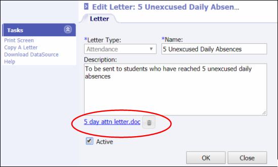 Click OK t save the changes t the letter. Nte: Delete a letter by clicking n the trash can icn.