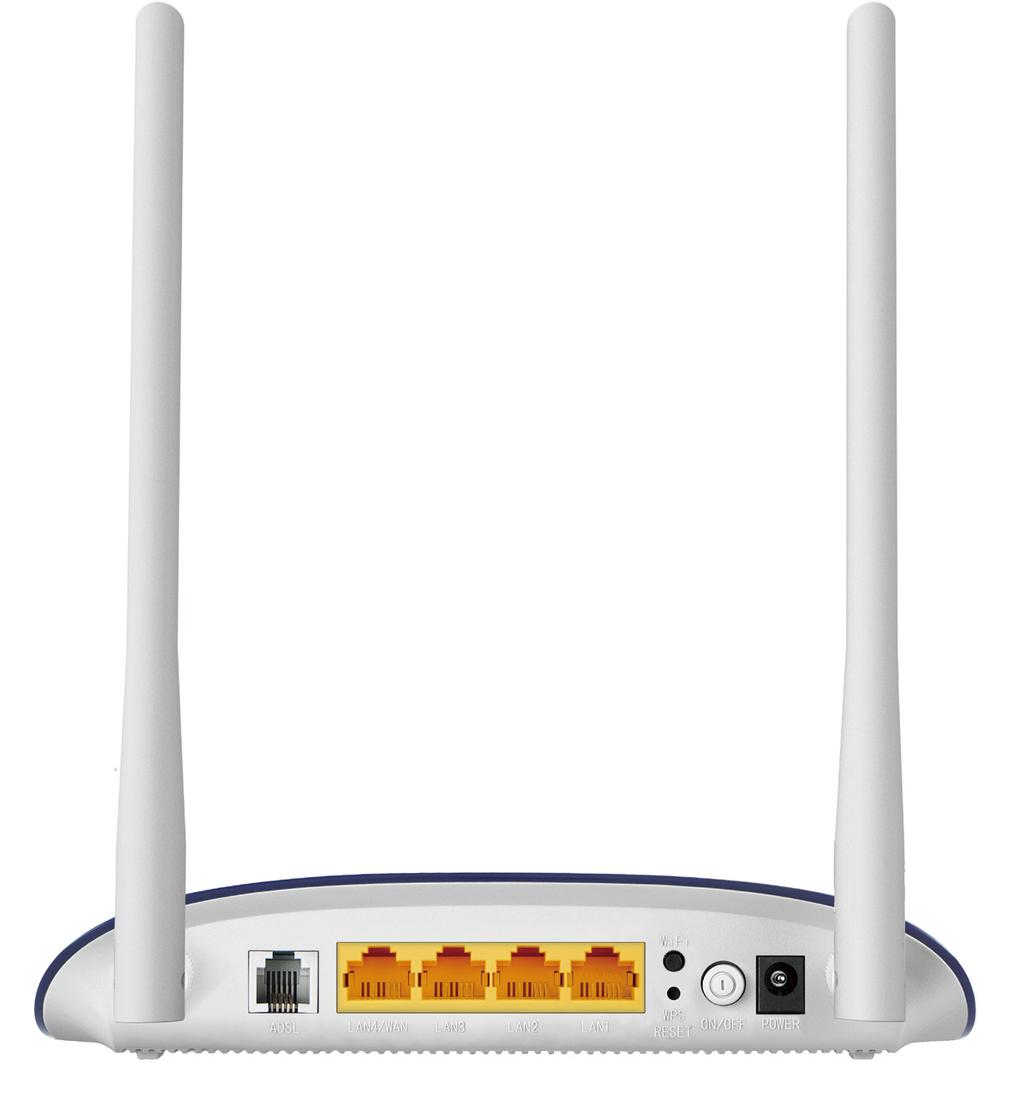 Specifications Hardware Ports: 1 10/100Mbps LAN/WAN Port 3 10/100Mbps LAN ports, 1 RJ11 port Button: WPS/Reset Button, Wi-Fi Button, Power On/Off Button Antenna: 2 5dBi Fixed Omni-Directional