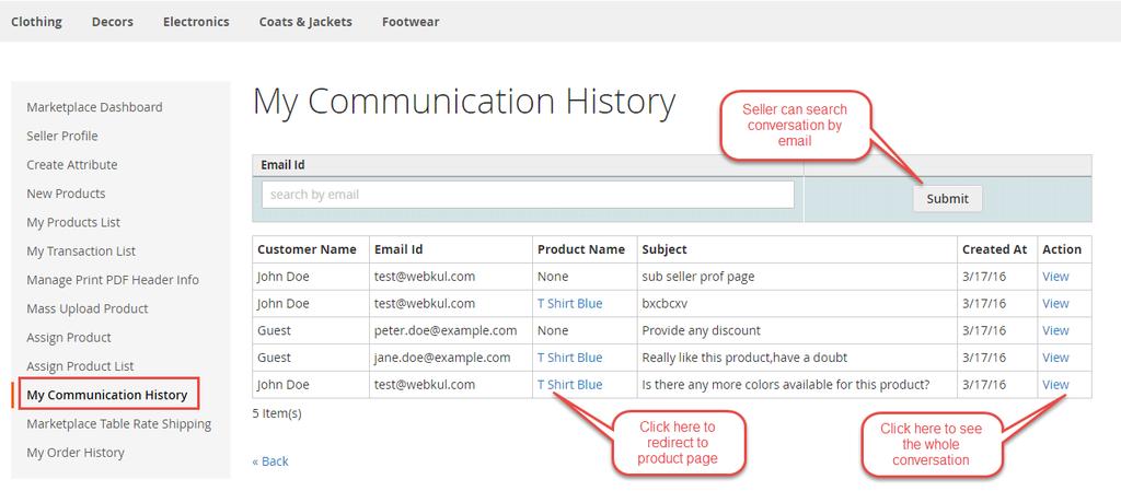 Seller can see conversation history for particular query placed by the customer