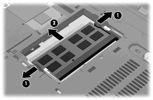 b. Grasp the edge of the memory module (2), and gently pull the module out of the memory module slot. To protect a memory module after removal, place it in an electrostatic-safe container. 10.