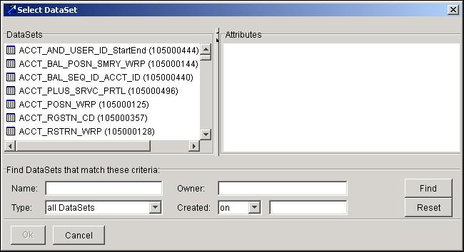 Select DataSet Dialog Box Chapter 2 Common Features Select DataSet Dialog Box Each editor of the Scenario Manager provides a dataset that you can use to perform a specific function.