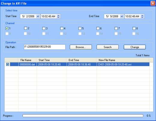 Fig 3.25 AVI Converter STEP9 Select the files. Click Change button, it will start converting the files and show the progress at the bottom. STEP10 When the progress bar shows 100% it is finished.