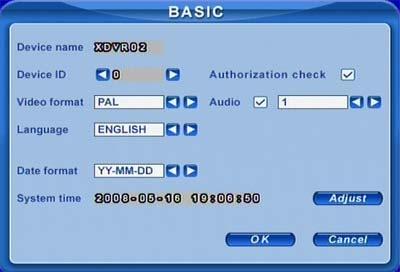 4.2.1 Basic Configuration Click BASIC to enter basic configuration shown as Fig 4.4 Basic. Fig 4.4 Basic Configuration Here users can set video system, menu language, audio, time and authorization check.