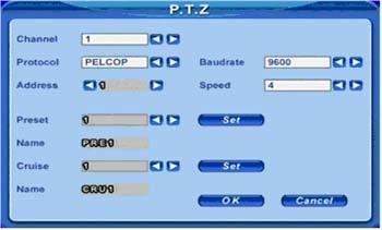 4.2.8 P.T.Z Configuration Click P.T.Z to enter PTZ configuration shown as Fig 4.16 PTZ Configuration. Fig 4.16 PTZ Configuration Here users can set protocol, baud rate, address, presets and auto cruise track.