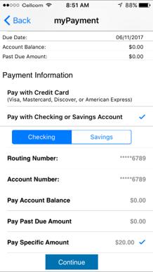 The app preselects paying the account balance, but you can change that to just pay the past due amount or a specific