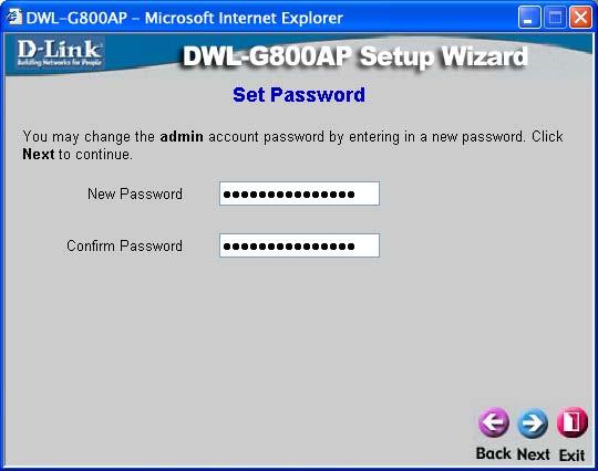Step 1 - Set up your new password. You have the option to establish a password. Click Next Step 2 - Wireless Setup By default the DWL-G800AP is set to Repeater mode.