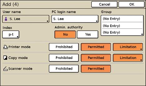 Adding New Users Adding new User Names using the Opera onal Panel (2) 7 Configure the Se ngs and then press [OK] 8 If using IC Card Control now set the IC Card on the IC Card Reader PC login name