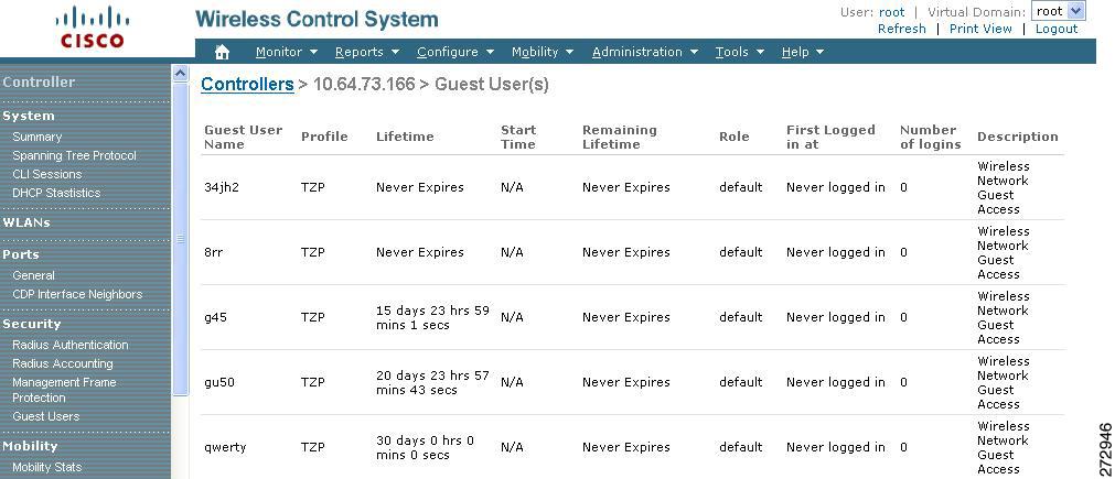 Chapter 6 Guest User Monitoring Monitoring Guest Users The Monitor > Controllers > Guest Users page provides a list of all guest user accounts currently present on the controller.