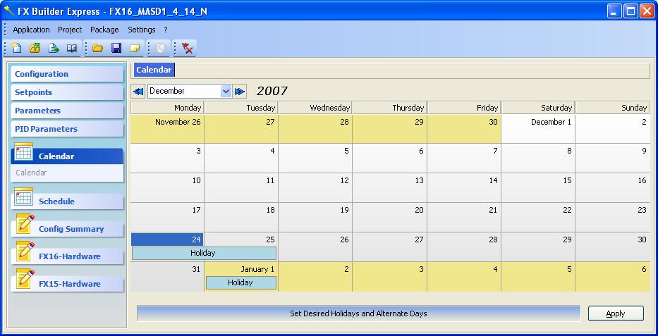 FX Builder Express User s Guide 19 2. Modify the PID parameters as needed. Adjusting the Exception Day Calendar The Calendar tab guides you in the definition of the exception day calendar.