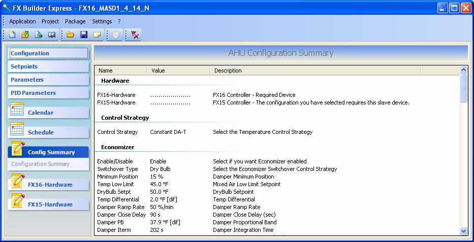 configuration session. To view the configuration summary: 1. In FX Builder Express, select a standard application and select Config Summary.