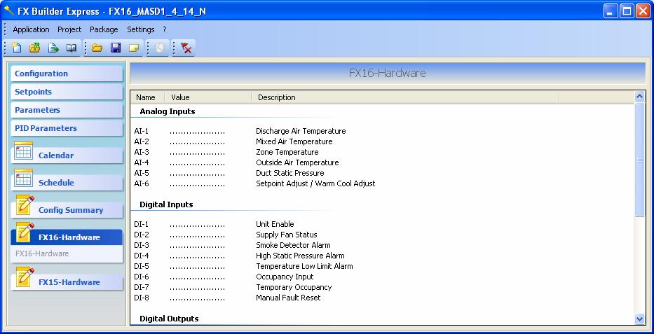 FX Builder Express User s Guide 21 Viewing Input and Output Assignments The FXxx Hardware tab provides input and output assignment for the target controller based on the selected application and