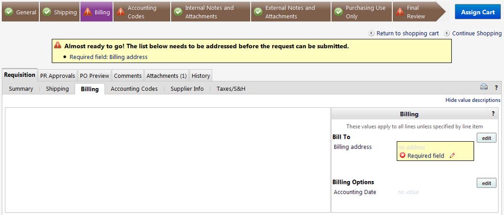 Completing the Checkout Process - Billing Tab STEP : STEP : Click Required field in the Billing box.