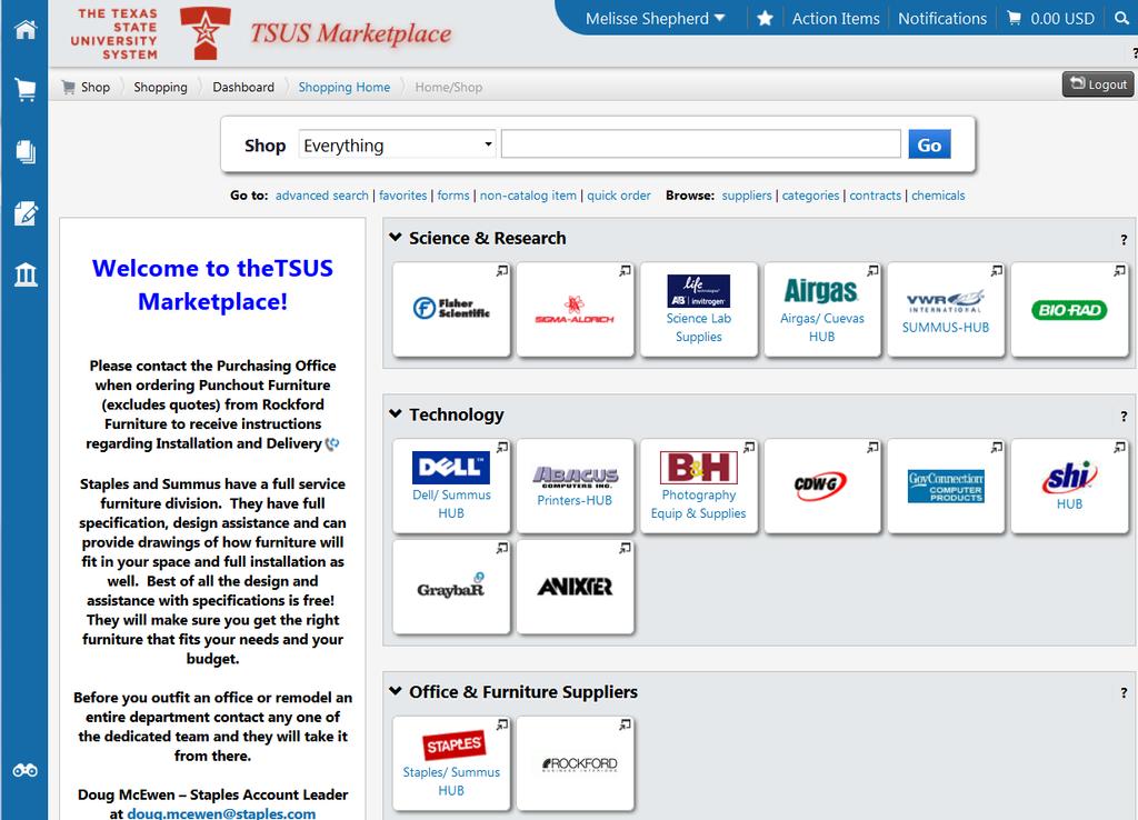 Accessing the System - Home Page Navigation C B A A: Main Workspace - changes as you access areas of the site, displays breadcrumbs at top, under TSUS Marketplace logo.