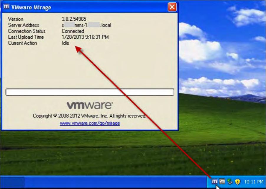 9. Validate that you have backed up the Windows XP to a desktop image (CVD) in the datacenter. a. From the Windows XP endpoint, double-click the Horizon Mirage system tray icon to display details.