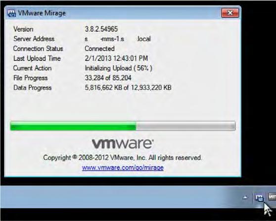 You can monitor the progress of the migration base layer upload from the Windows 7 reference machine. a. Open the Windows 7 reference machine. b. Double-click the Horizon Mirage system tray icon.
