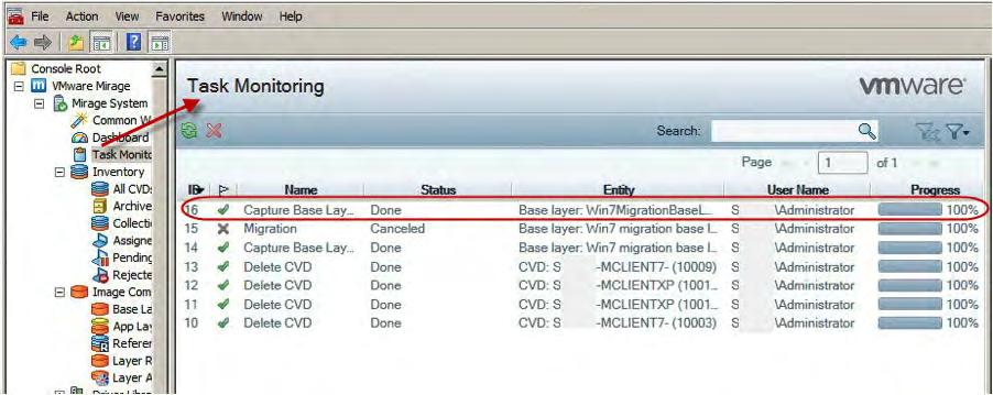 Figure 57: Repetition of Uploading the Migration Base Layer from the Reference Machine During this additional upload process, the MMC Task Monitoring pane continues to show a Status of Done and