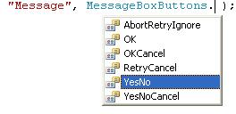 highlighted. It will be added to your code. Now type a full stop (period) after the final s of MessageBoxButtons.