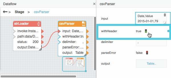 If your file is a CSV file that includes headers, select the CSV Parser block and