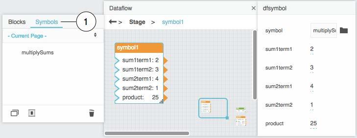 A dataflow symbol is a dataflow model without a parent object. You access dataflow symbols in the Symbols pane of the Dataflow Editor. The Symbols pane is located in a tab next to the Blocks pane.
