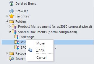 MOVING OR COPYING EMAILS You can move or copy email to a SharePoint location in four ways: 1. Dragging-and-dropping emails. 2. Using the Move and Copy buttons in the Colligo Engage group. 3.