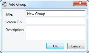 2. In the Title field, enter the name of the group. 3. Enter Screen Tip text and a Description if needed. 4. Click OK. 5. Restart Outlook for the change to take effect.