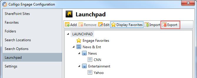 To export a Launchpad configuration file: 1. In the Launchpad configuration dialog, click the Export button.