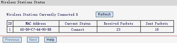 M AC Addre ss - The connected wireless station's MAC address. Current Status - The connected wireless station's running status. Received Packets - Packets received by the station.