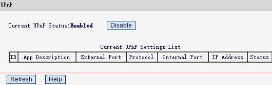Current UPnP Status - UPnP can be enabled or disabled by clicking Enable or Disable. The feature is enabled by default. Current UPnP Settings List - Displays the current UPnP information.