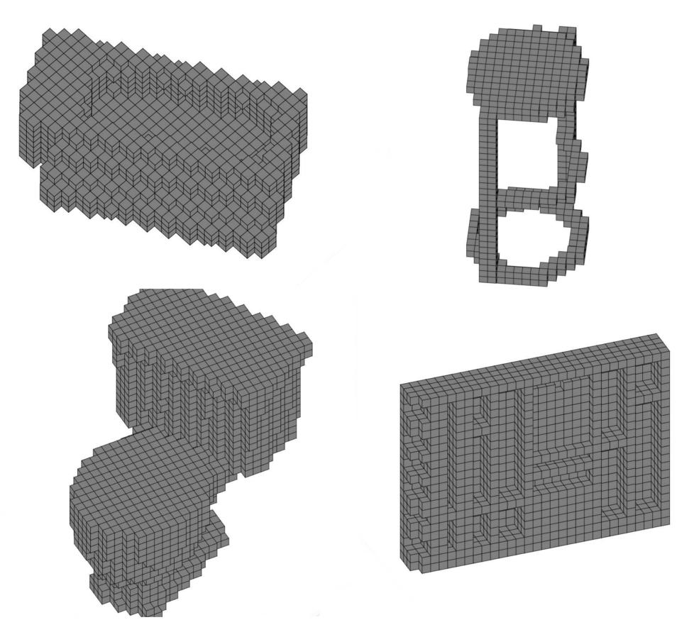 Figure 1. Sample voxelized version of 3D CAD models from ModelNet40. Top-left: bathtub, top-right: stool, bottom-left: toilet, bottom-right: wardrobe.