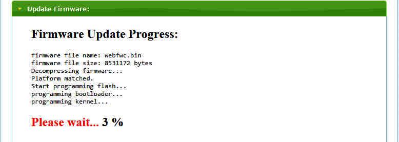 During the process of update, the Web user interface shows the status as below diagram.