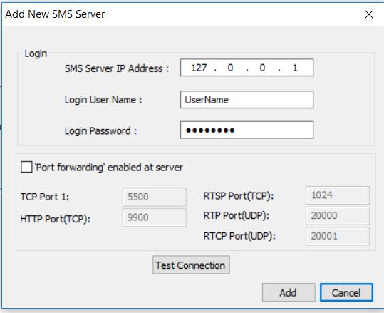 Add SMS - For adding SMS server, user needs to enter IP address of the SMS server and the operator username and password.