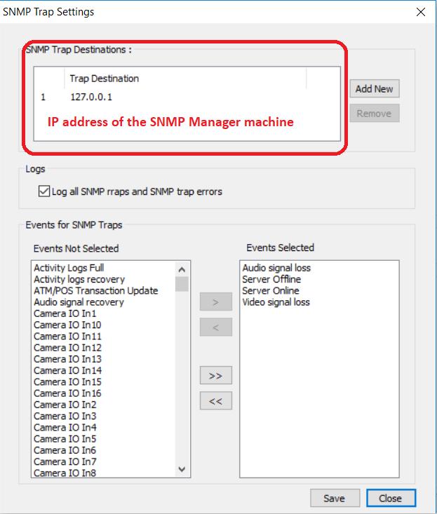 iii) Settings Button: Enables user to do various settings for processing as shown below SNMP Trap Destinations: user can specify the IP addresses of SNMP Manager applications which will receive the