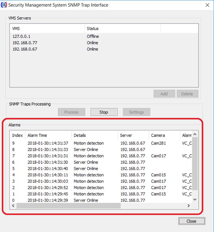 c) Alarms: Alarms list shows all the alarms generated on connected SMS servers. This list shows following details about every alarm 1.Alarm Time: Time of alarm generation 2.