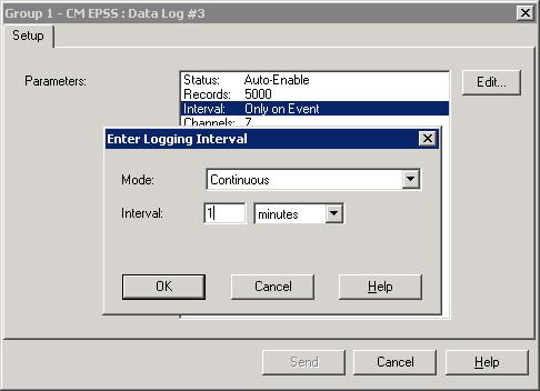 In the Content Viewer, double-click Data Log #3 to open the Setup dialog. 2. Select Interval and click Edit to open the Enter Logging Interval dialog. 3.