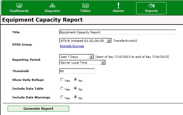 Power Monitoring Expert for Healthcare Commissioning Guide Chapter 4: Equipment Capacity Report 2. Complete the fields to define the report. Title - Enter a name for the report.