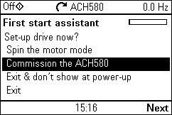 4 Quick start-up guide 1 First start assistant guided settings: Language, date and time, and motor nominal values Have the motor name plate data at hand. Power up the drive.