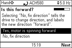 Quick start-up guide 7 Check the direction of the motor. If it is forward, select Yes, motor is spinning forward and press (Next) to continue.
