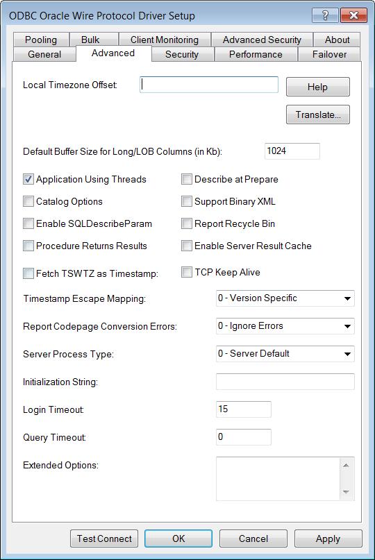 Configuring and Connecting to Data Sources Advanced Tab The Advanced tab allows you to specify additional data source settings. The fields are optional unless otherwise noted.