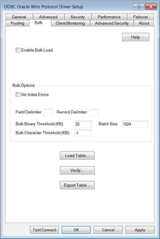 Configuring and Connecting to Data Sources See also Using DataDirect Connection Pooling on page 134 Data Source Configuration on Windows on page 73 Bulk tab The Bulk Tab allows you to specify