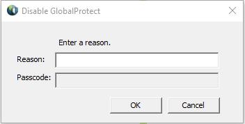 2. Enter a reason for disabling access to GlobalProtect and then click OK. The GlobalProtect icon changes to a globe with a red X. Frequently Asked Questions (FAQ) Q.