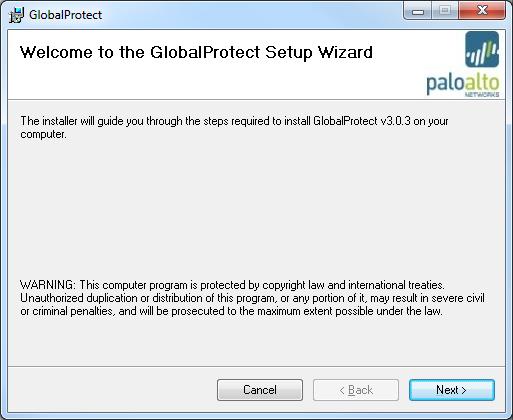 4. At the Welcome to the GlobalProtect Setup Wizard, click