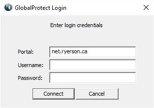 At the GlobalProtect Login screen, enter your my.ryerson username and password. 3. An icon will be added to your Taskbar.