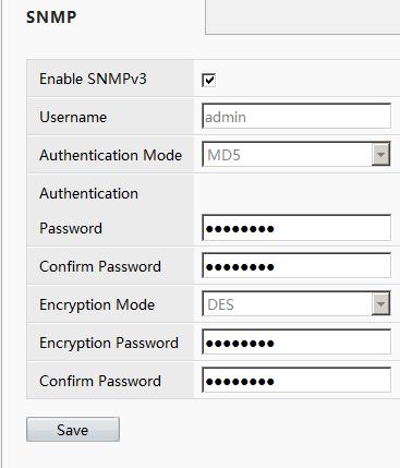 Parameter Enable SNMPv3 Authentication Mode Authentication Password Confirm Password Encryption Mode Encryption Password Confirm Password Description Enable or disable SNMP as needed.